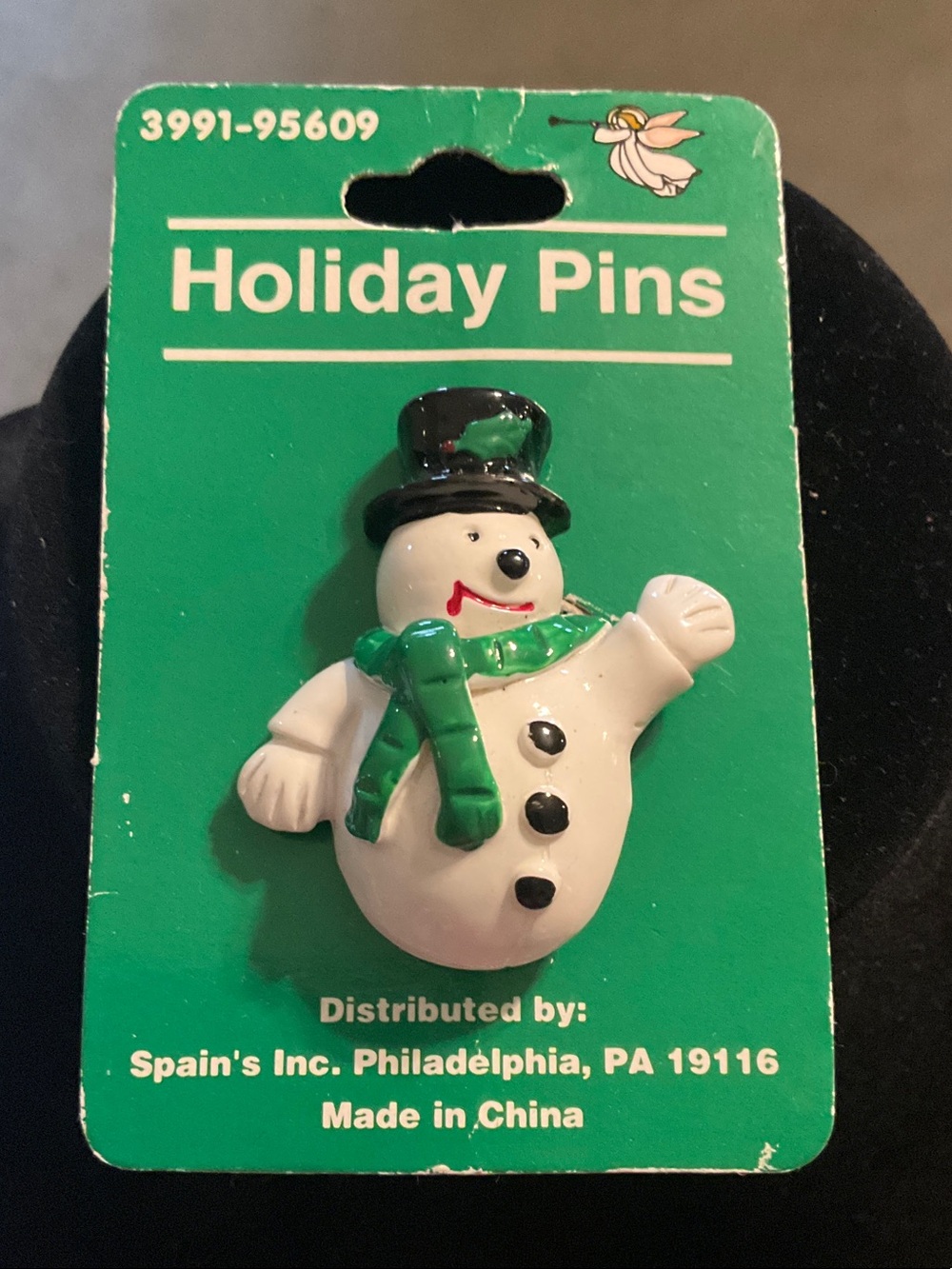 Vintage Holiday Snowman Pin with Green Scarf and Black Hat bySpain's, Inc.